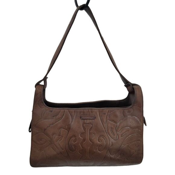 Naturalizer Handbag Leather Artsy Embossed Tiki Shoulder Bag Brown 4 Pocket Med - Picture 1 of 12